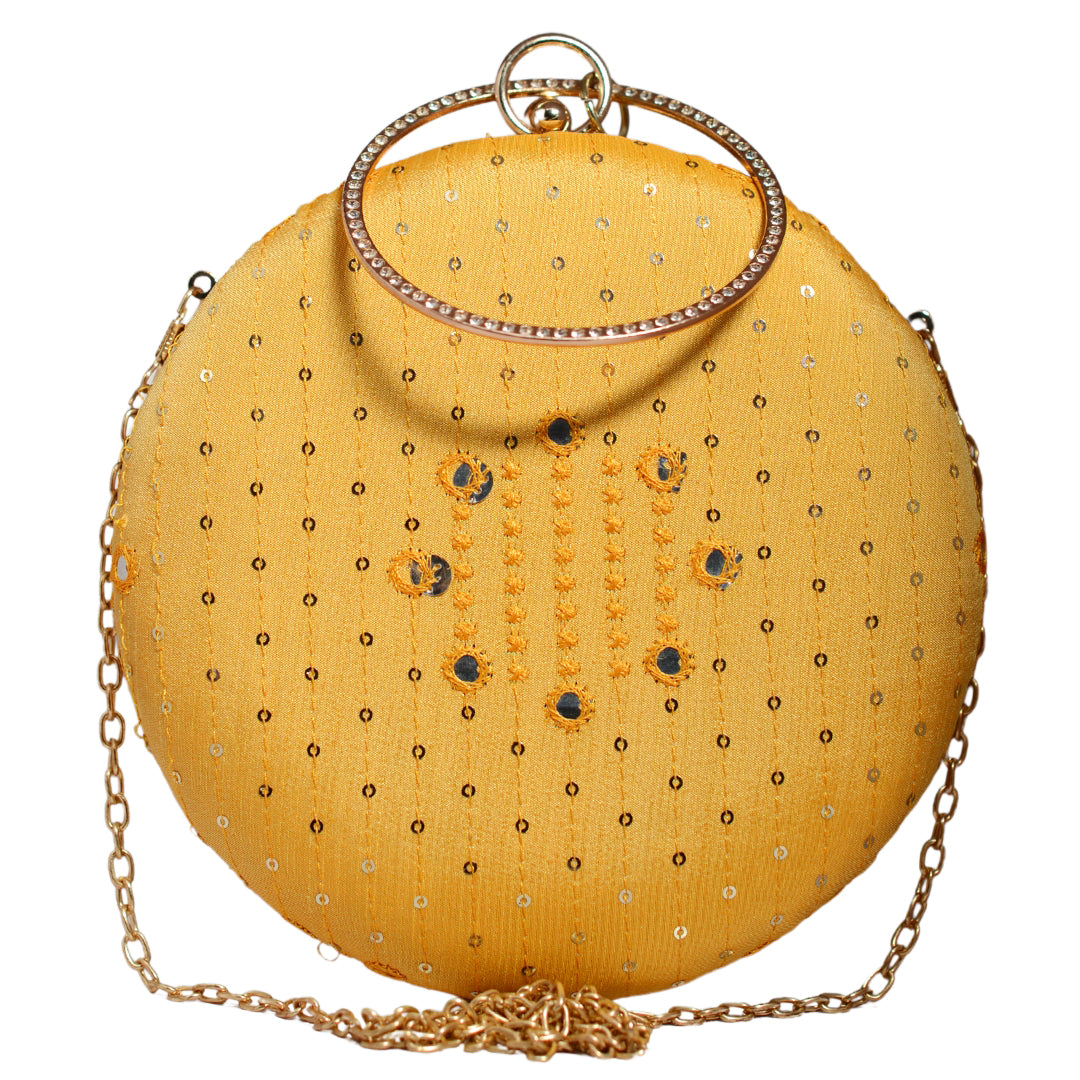 Yellow Sequins And Thread Embroidery Round Clutch