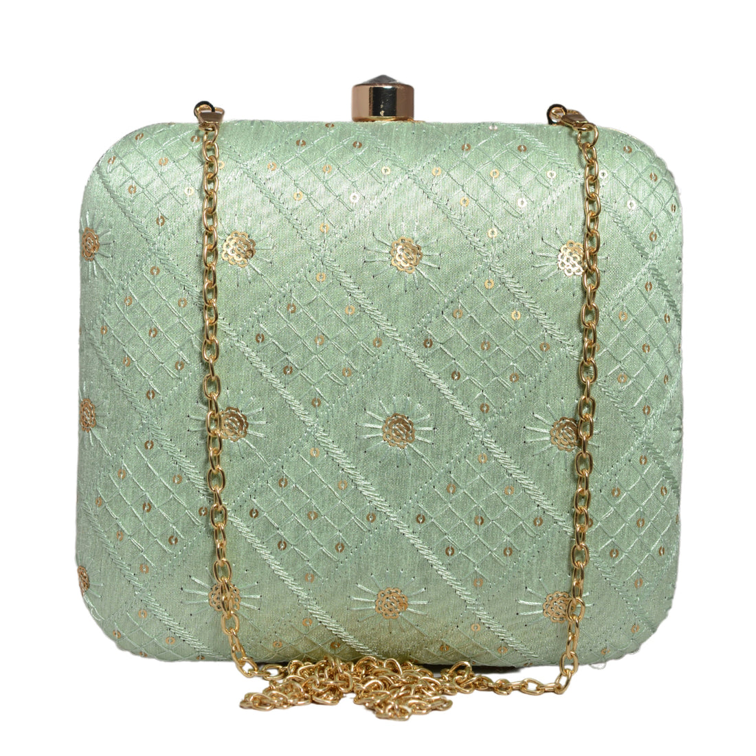 Turquoise Box Pattern Sequins Embroidery Clutch