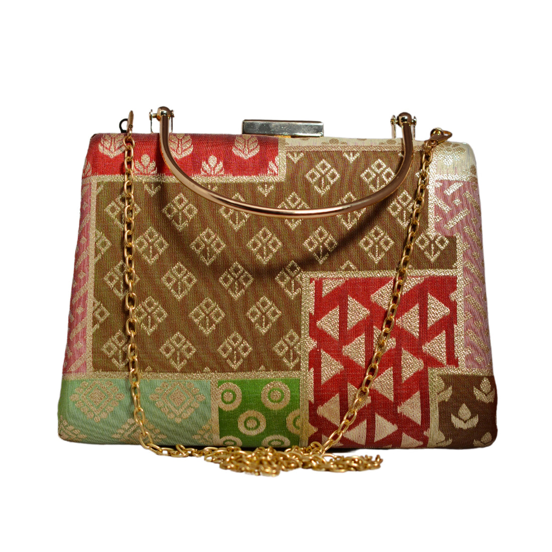 Brown Multipattern Brocade Fabric Clutch