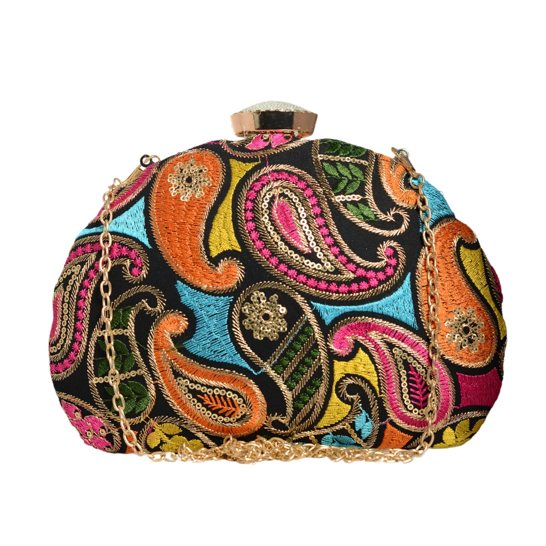 Multicolor Thread Embroidery Half Moon Clutch