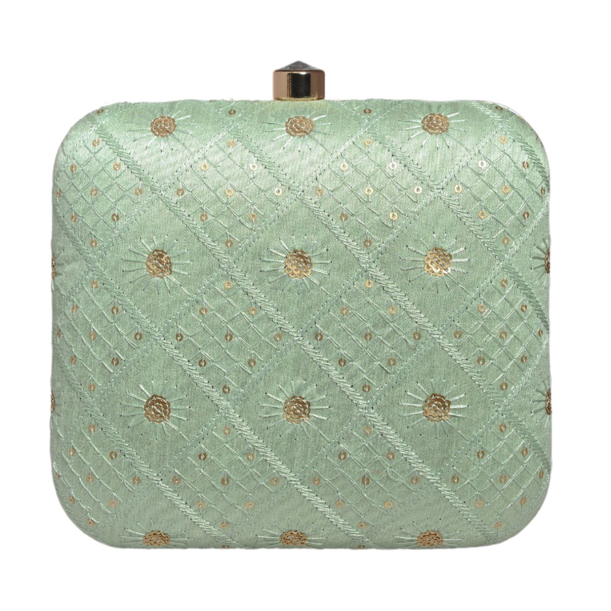 Turquoise Box Pattern Sequins Embroidery Clutch