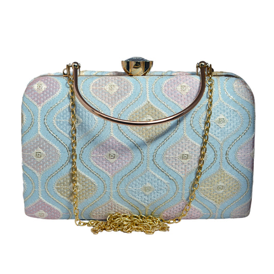 Light Blue Wavy Lines Embroidery Clutch