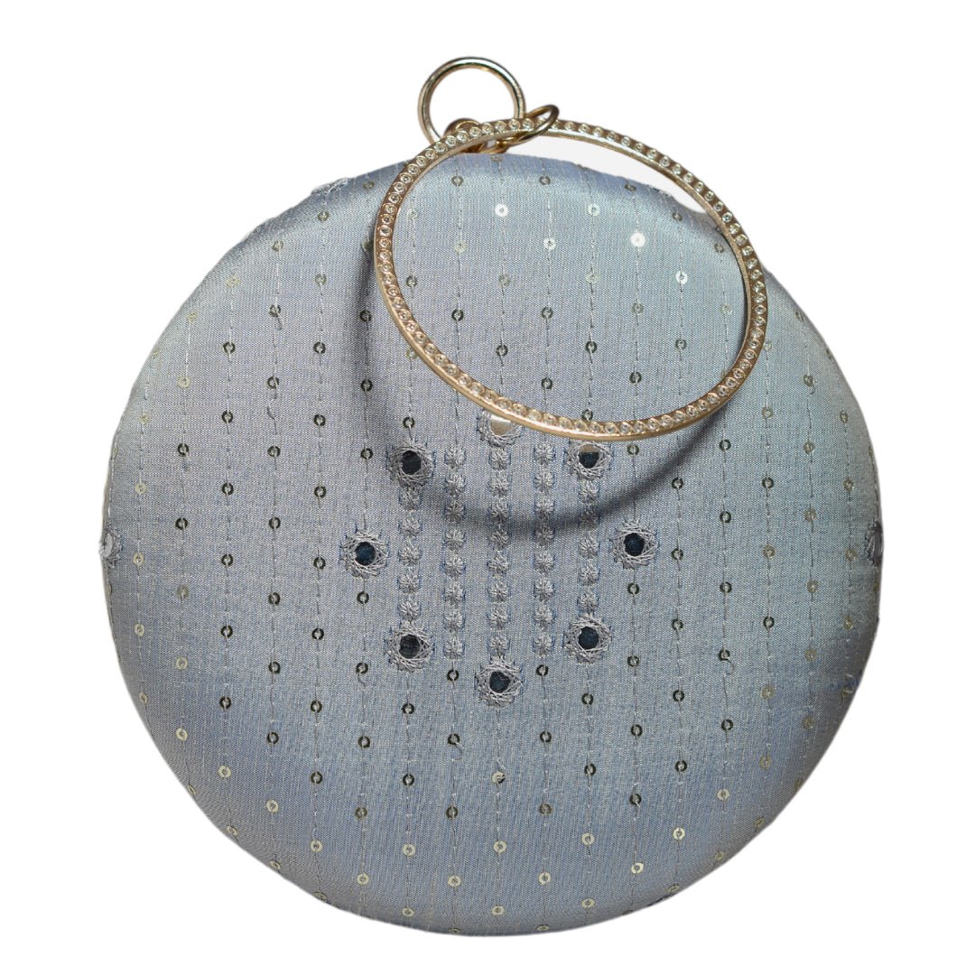 Grey Sequins And Thread Embroidery Round Clutch