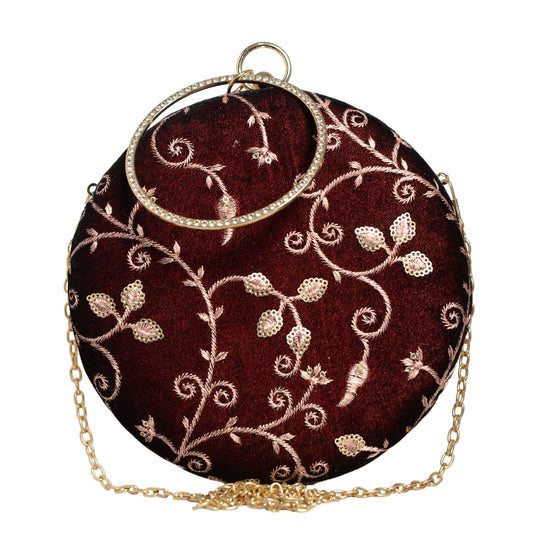Maroon And Golden Thread Embroidery Round Clutch