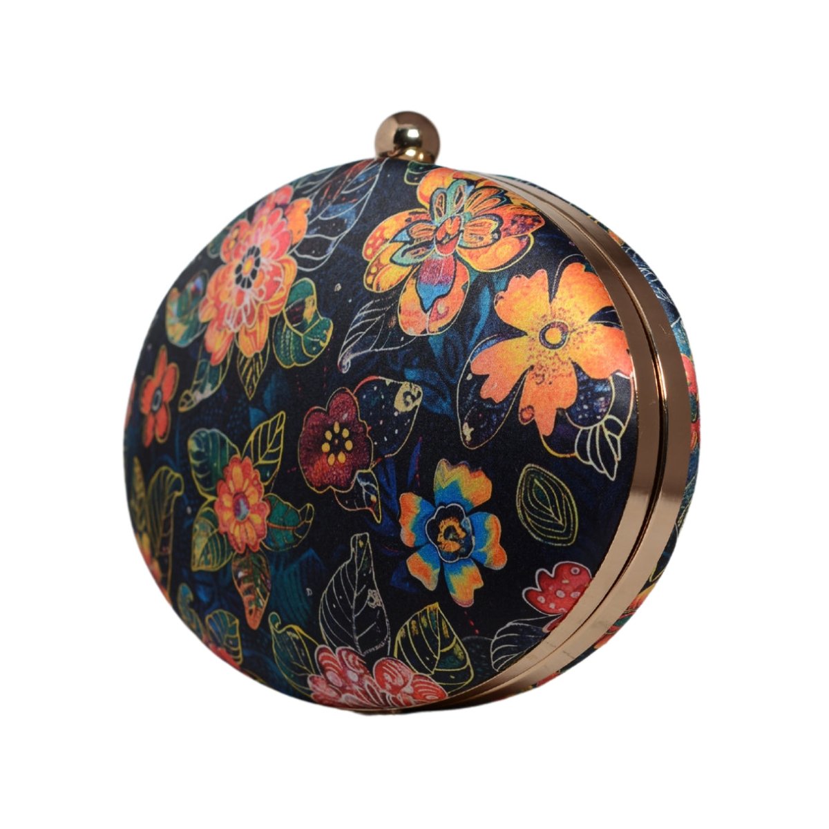 Black Floral And Leaves Printed Oval Clutch