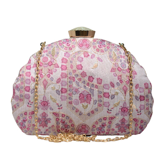 Pink Floral Printed Golden Zari Embroidery Clutch