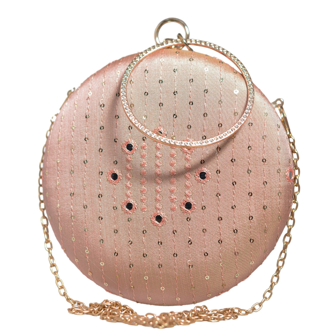 Peach Sequins And Thread Embroidery Round Clutch