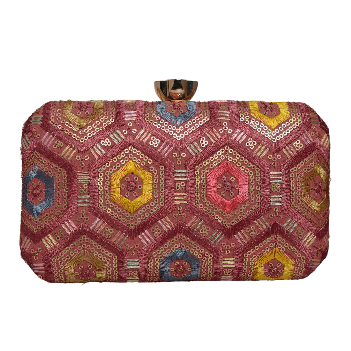 Pink Rectangle Sequins Embroidery Clutch