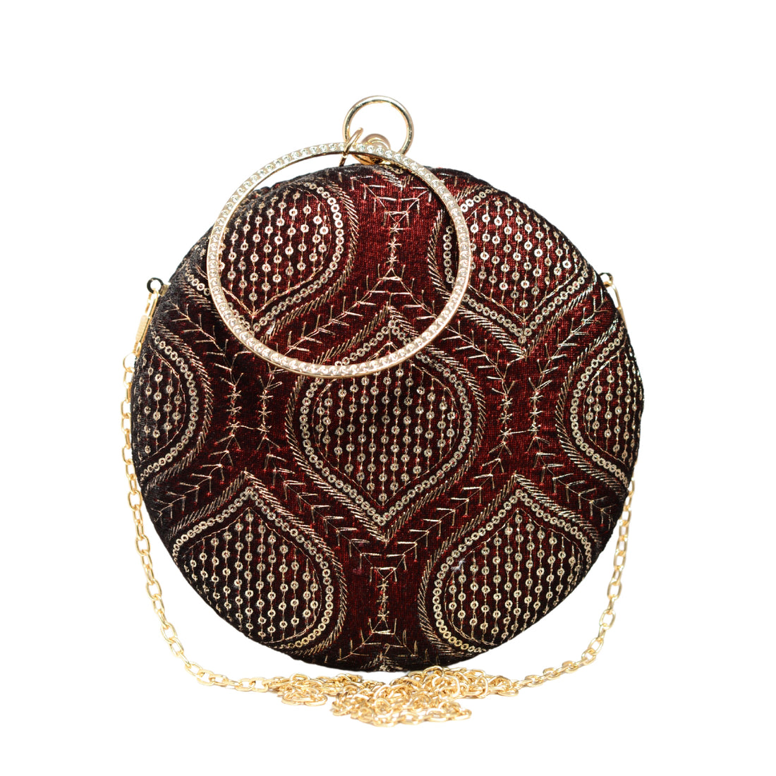 Maroon And Golden Sequins Embroidery Round Clutch