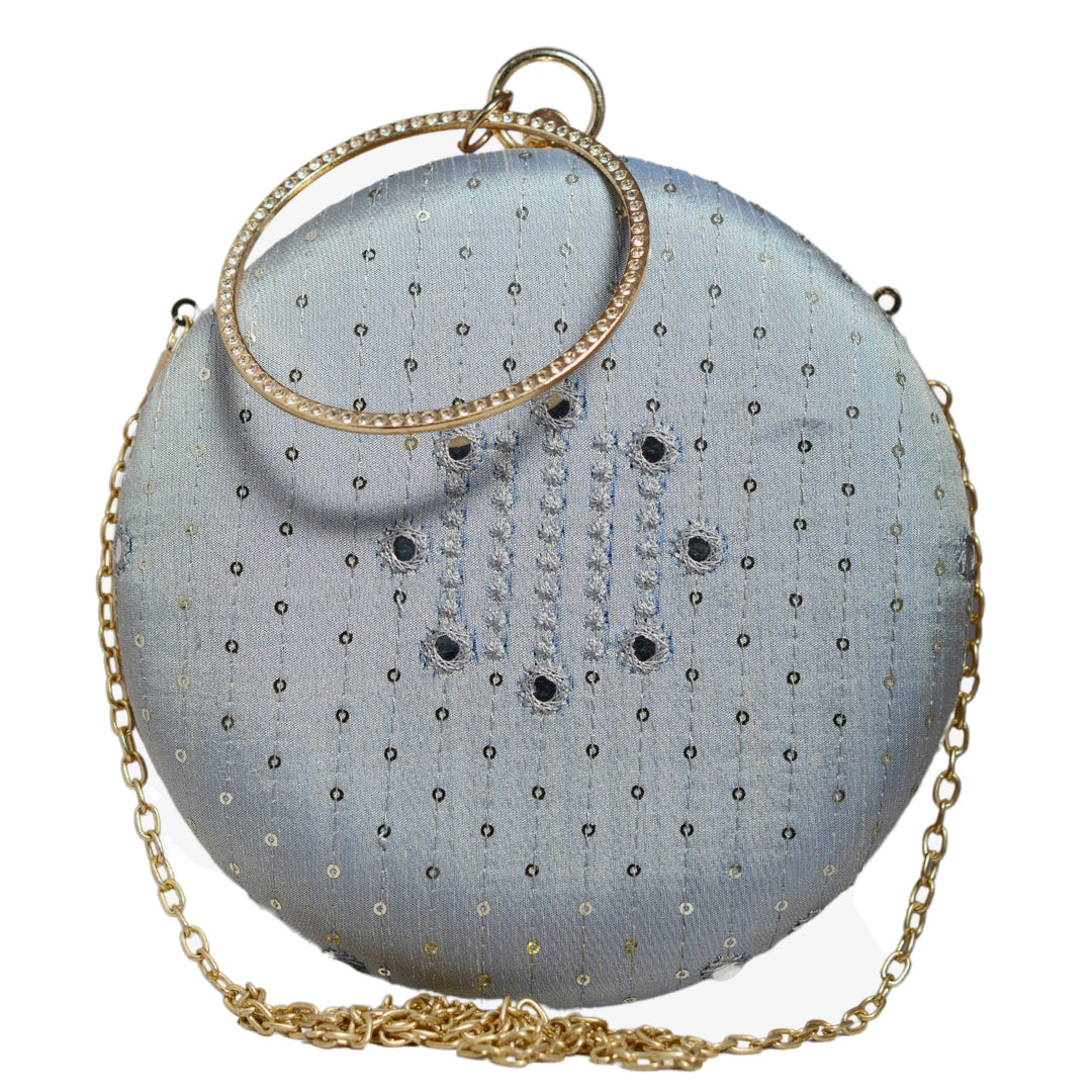 Grey Sequins And Thread Embroidery Round Clutch