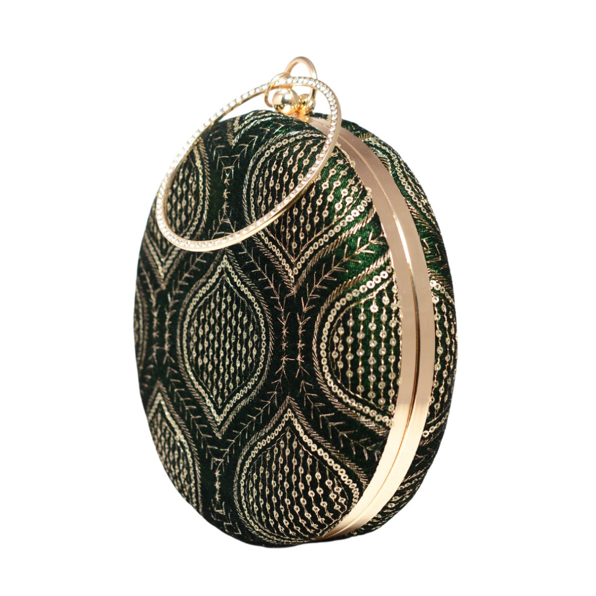 Green And Golden Sequins Embroidery Round Clutch