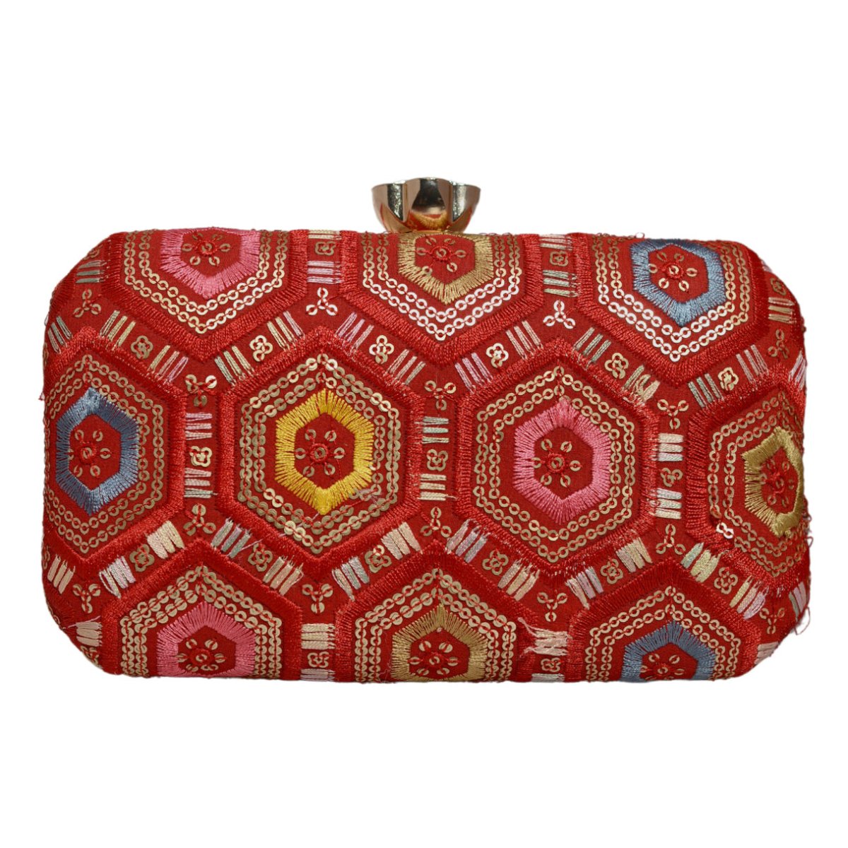 Red Rectangle Sequins Embroidery Clutch