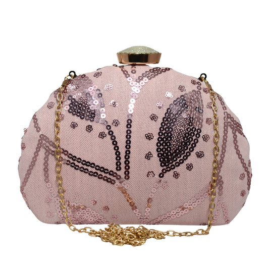 Pink Leaf Pattern Sequins Embroidery Clutch