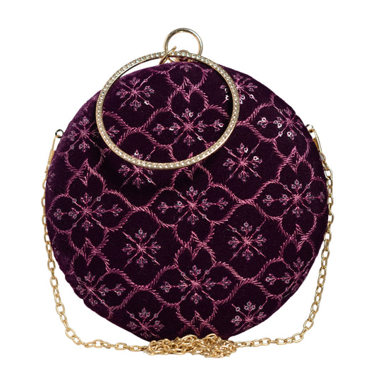 Purple Floral Thread Embroidery Round Clutch