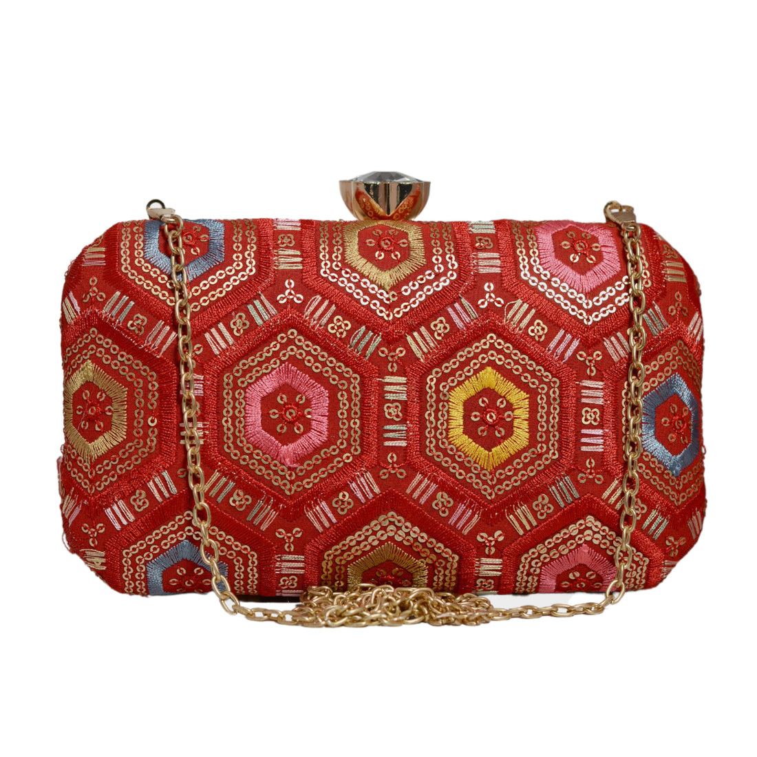 Red Rectangle Sequins Embroidery Clutch