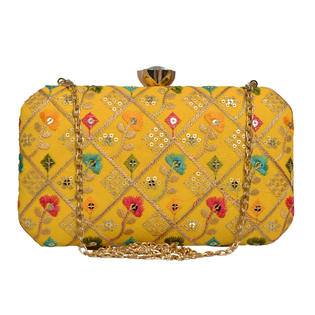 Yellow Sequins Floral Embroidery Party Clutch