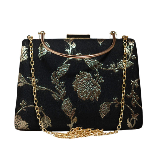 Black Floral Brocade Fabric Party Clutch