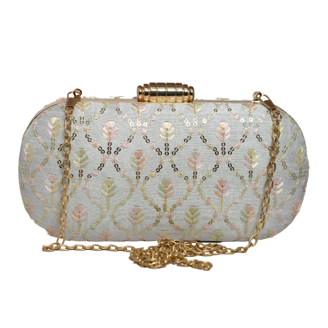 White Thread And Sequins Embroidery Clutch