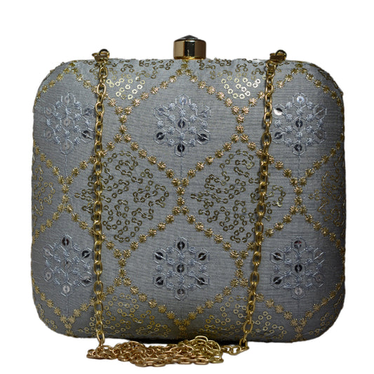 Grey Threadwork Embroidery Party Clutch