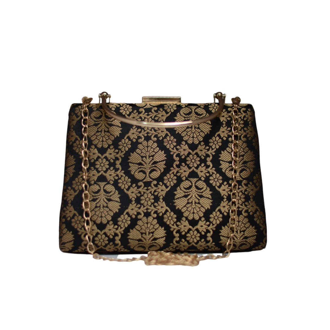 Artklim Black and Golden Silk Brocade Party Clutch