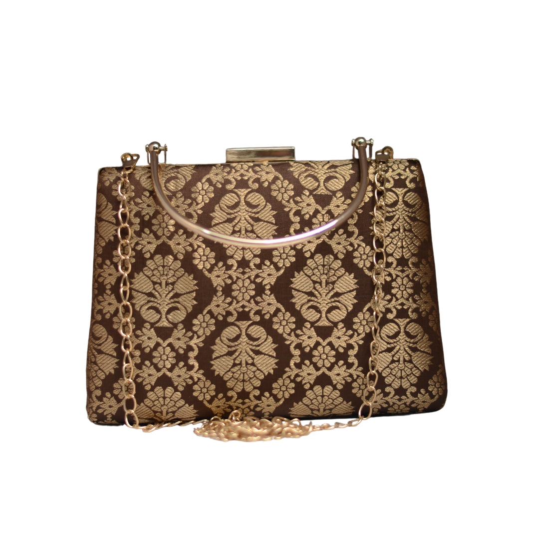 Artklim Brown And Golden Brocade Party Clutch