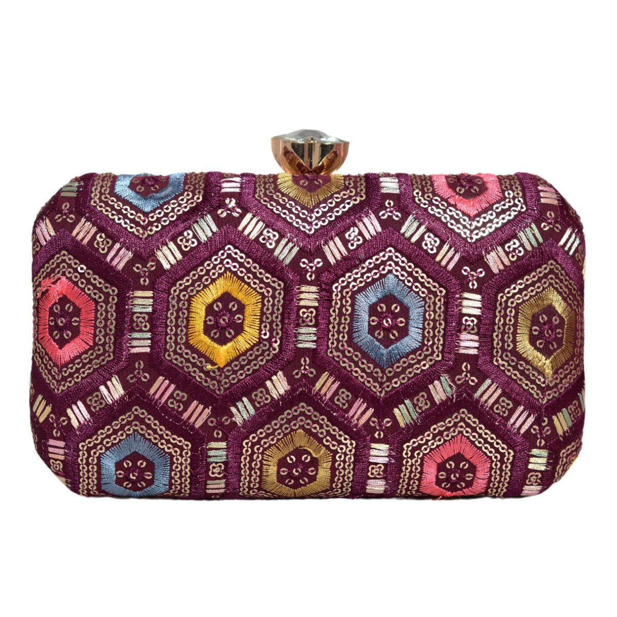 Wine Rectangle Sequins Embroidery Clutch