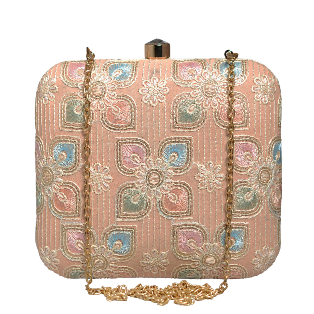 Peach Floral Thread Embroidery Clutch