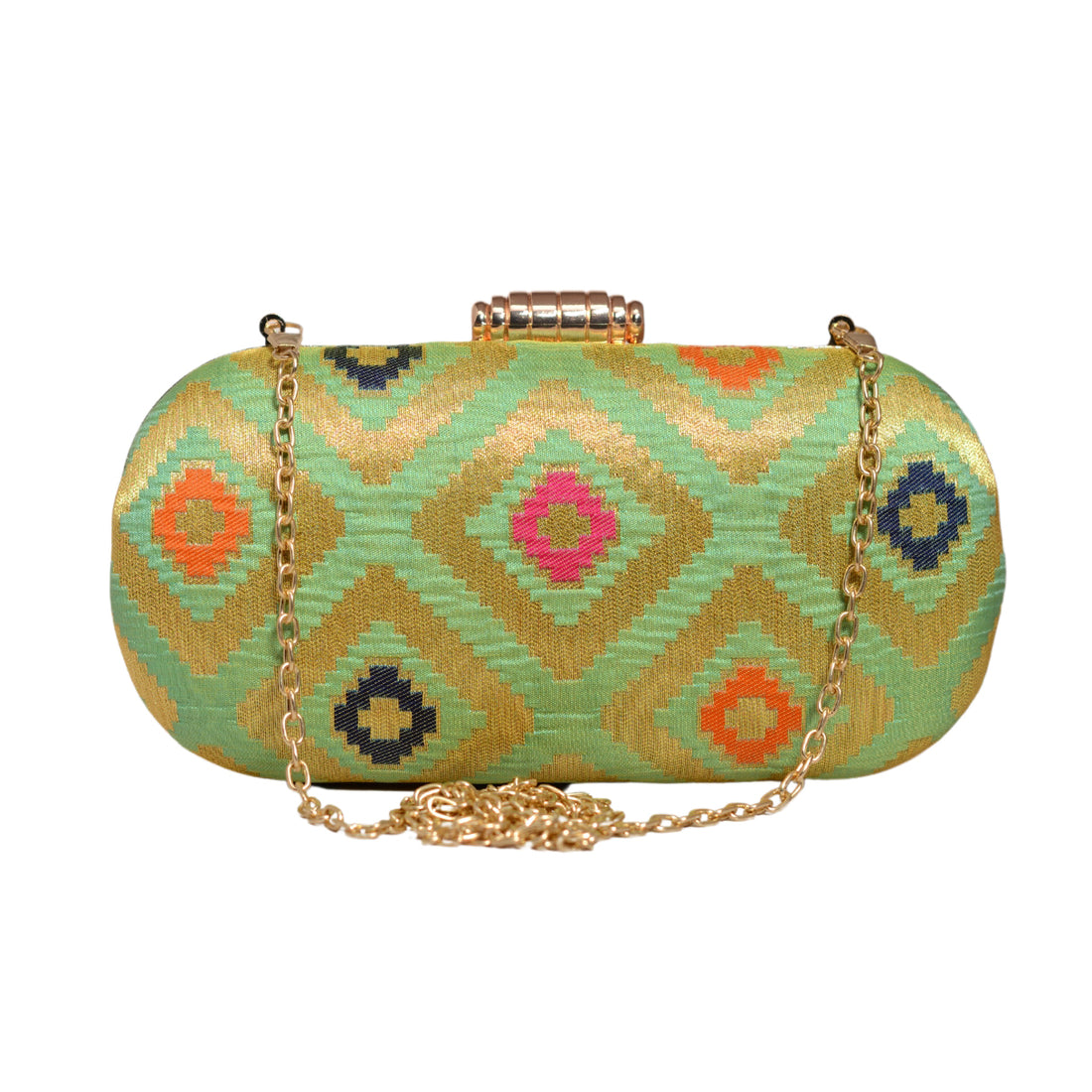 Green And Golden Brocade Fabric Clutch