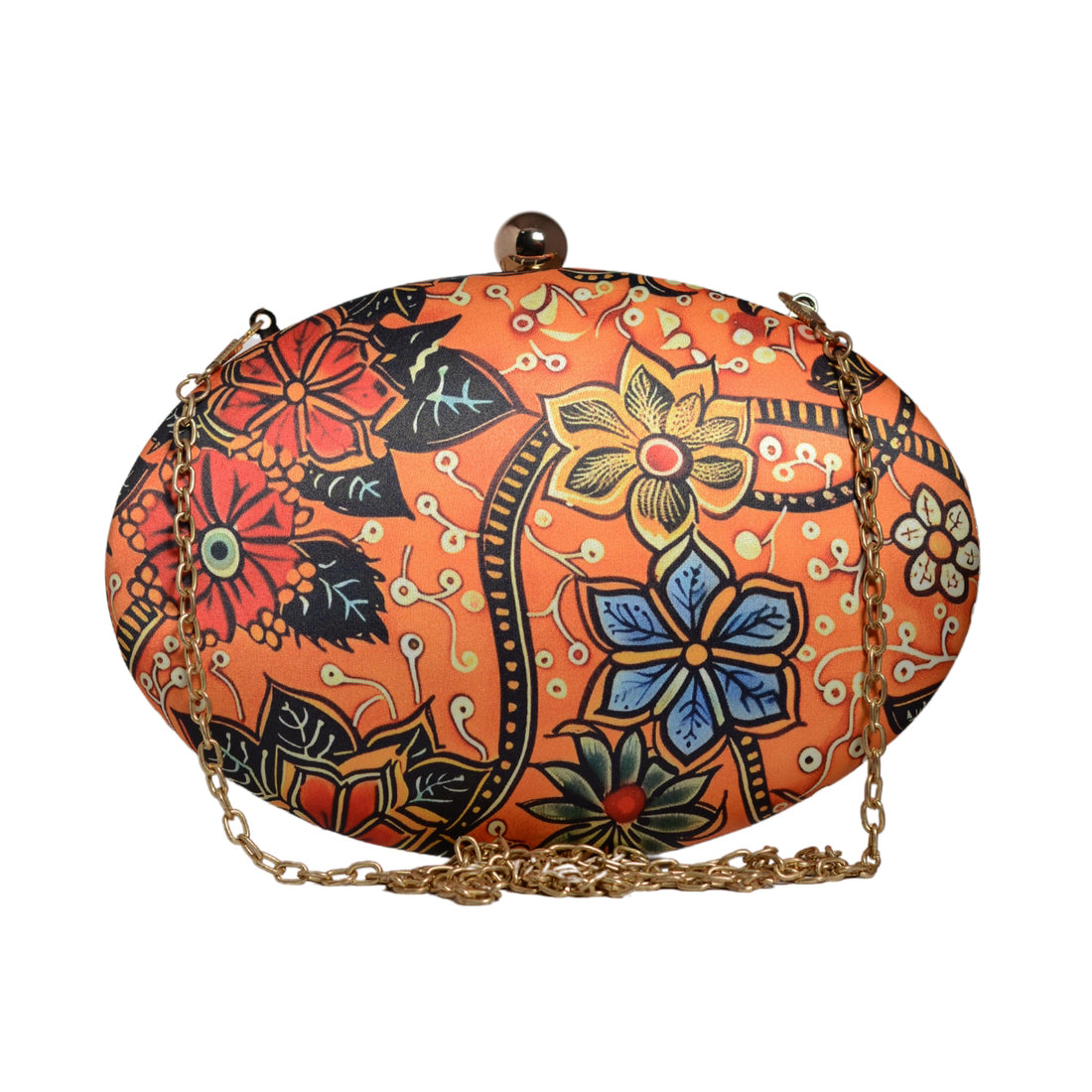 Orange Floral Printed Oval Clutch