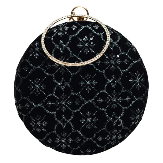 Black Floral Thread Embroidery Round Clutch