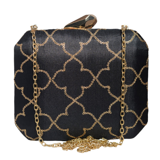 Black Sequins Floral Checks Embroidery Clutch
