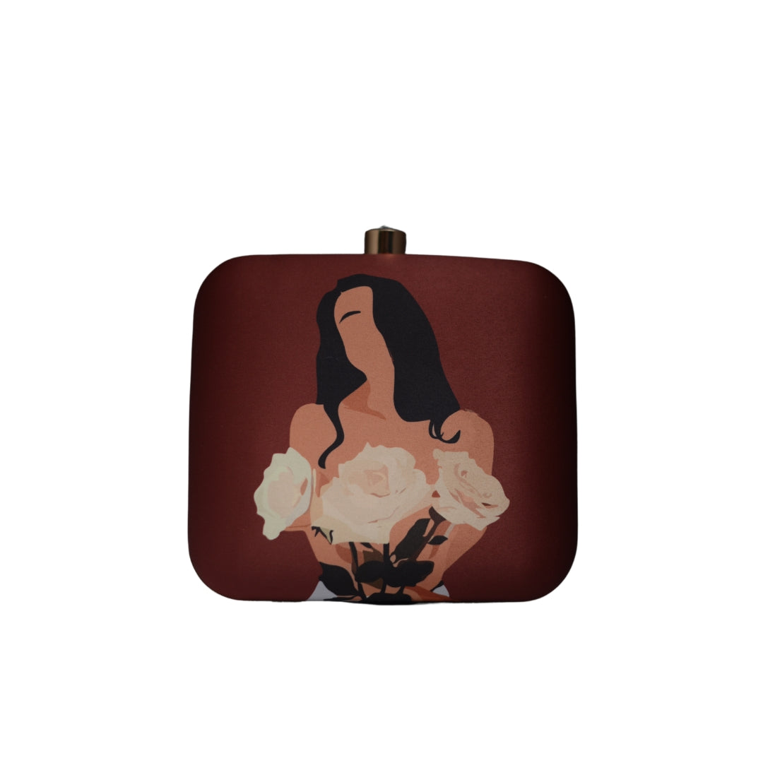 Artklim Maroon Flower Girl Portrait Printed Clutch