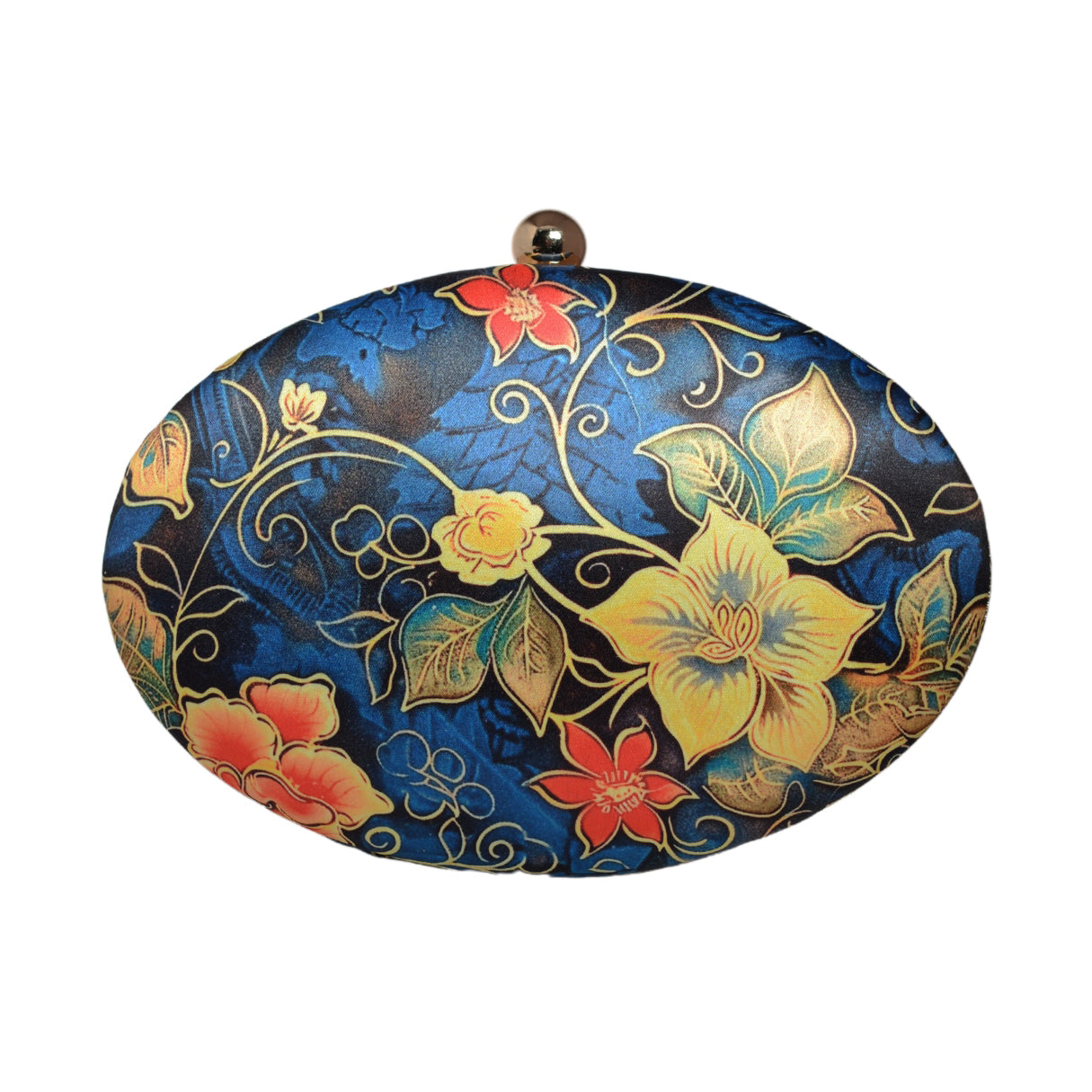 Blue And Yellow Floral Printed Oval Clutch