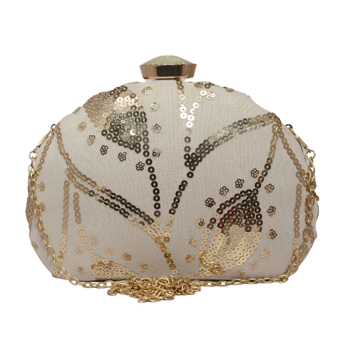 Cream Leaf Pattern Sequins Embroidery Clutch