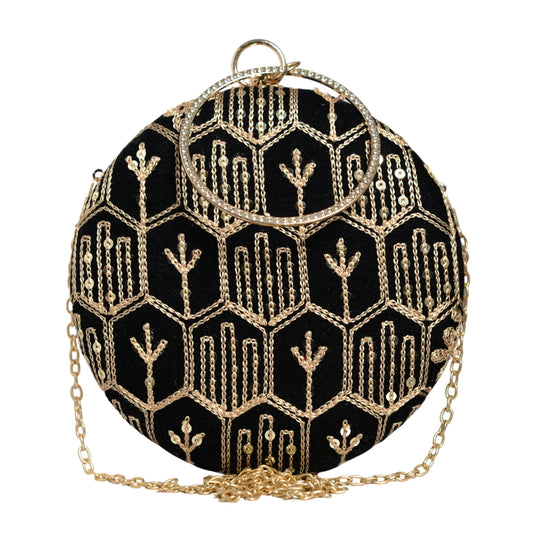 Black Multipattern Thread Embroidery Round Clutch