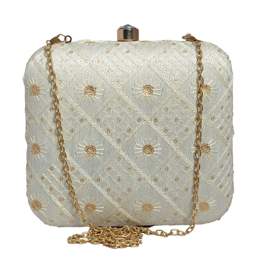 White Box Pattern Sequins Embroidery Clutch