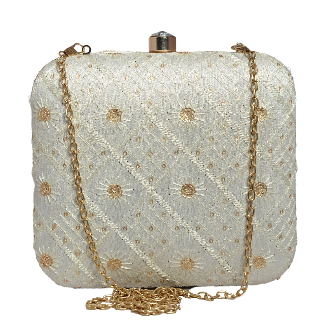 White Box Pattern Sequins Embroidery Clutch