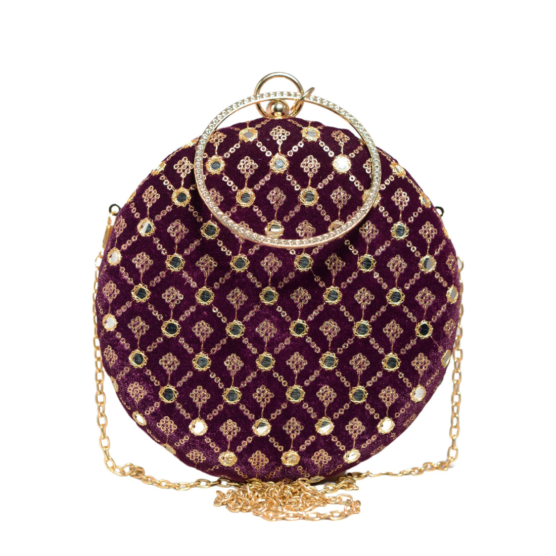 Maroon Mirror Sequins Embroidery Round Clutch