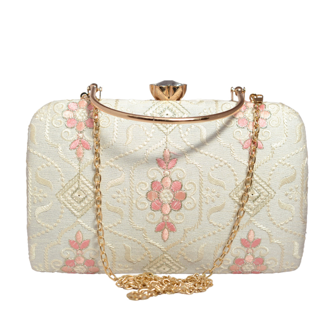 White And Pink Chikankari Embroidery Clutch