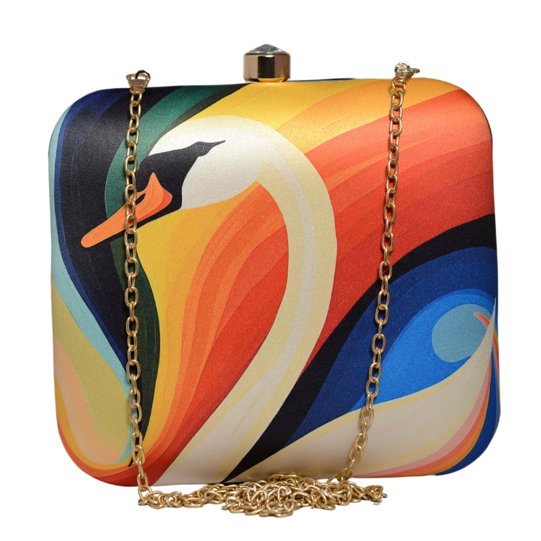 Multicolored Swan Printed Clutch