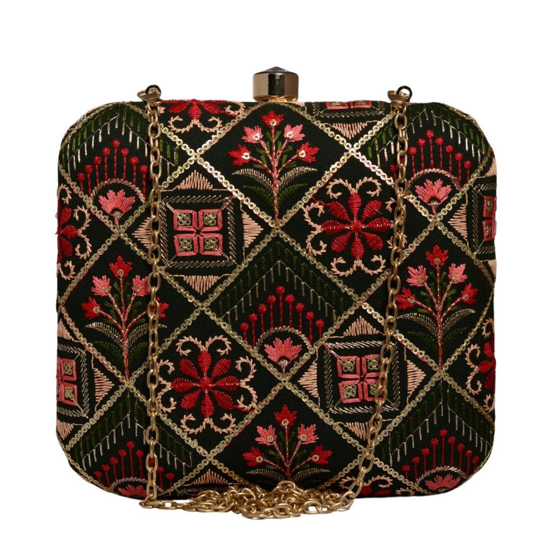 Black And Red Floral Embroidery Clutch