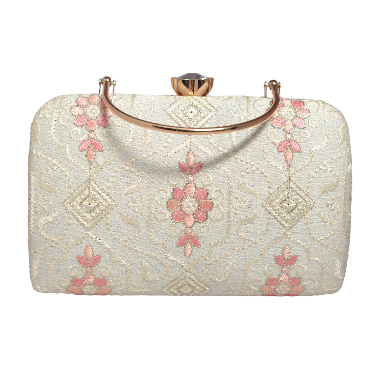 White And Pink Chikankari Embroidery Clutch