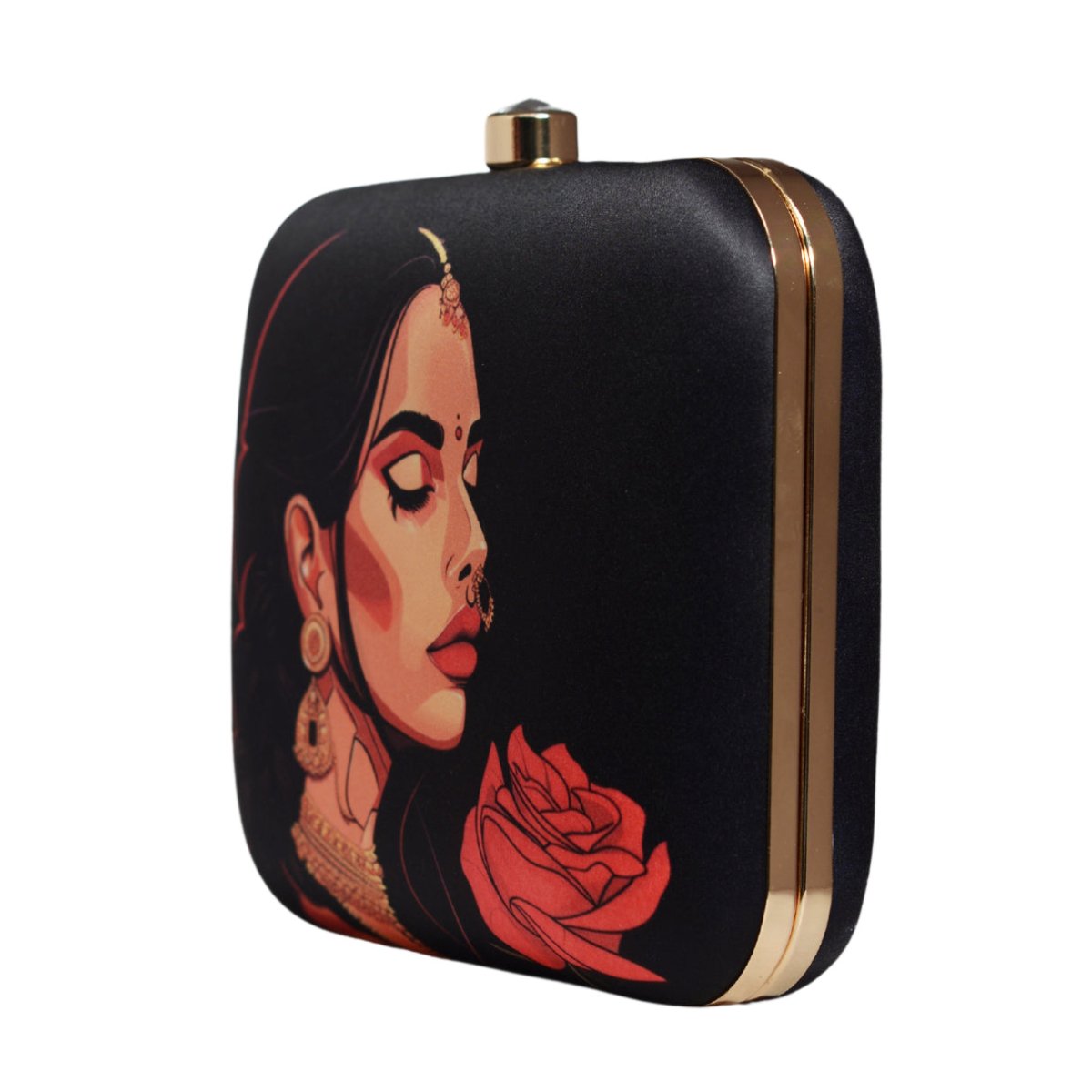 Black Lady With Rose Printed Clutch