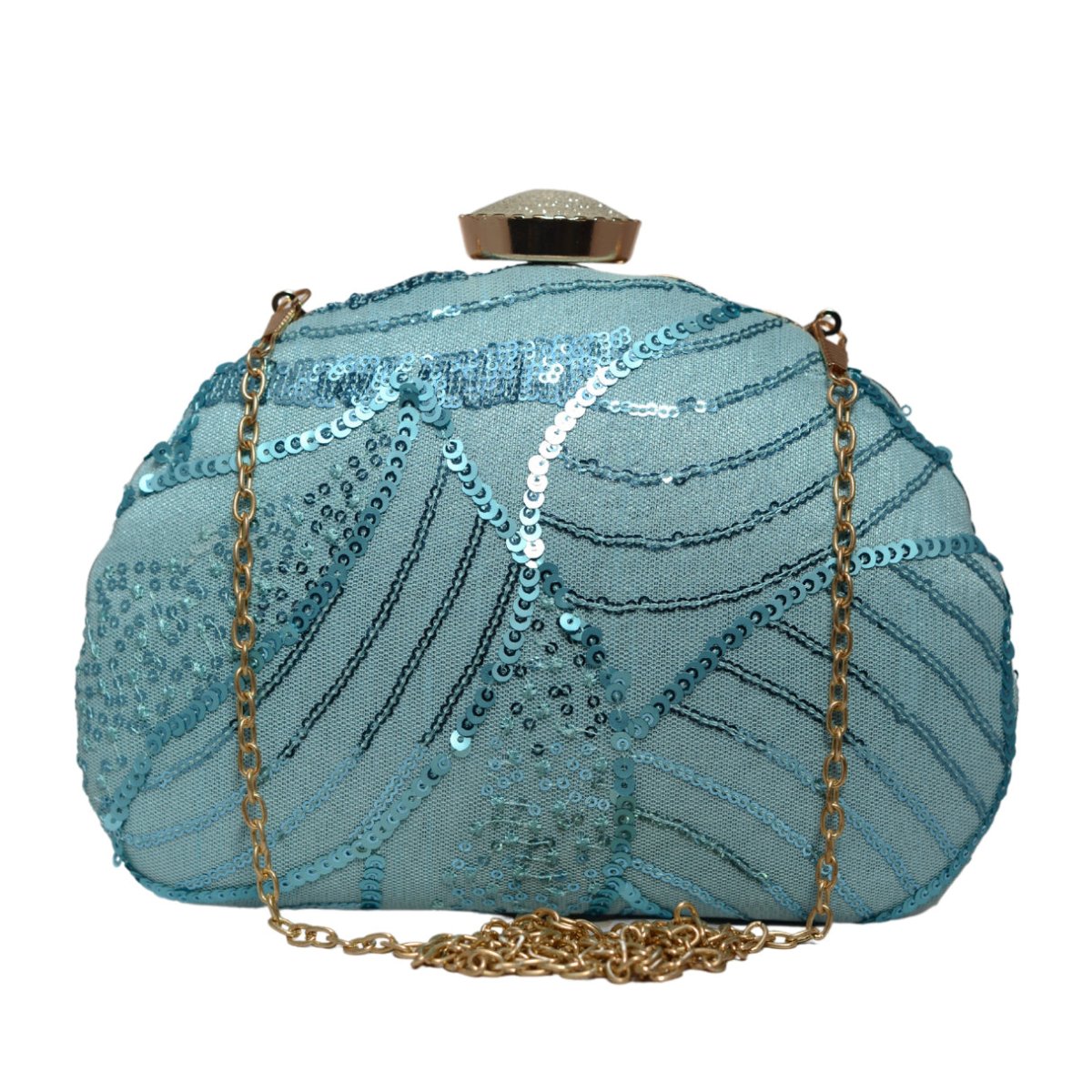 Sky Blue Sequins Embroidery Half Moon Clutch