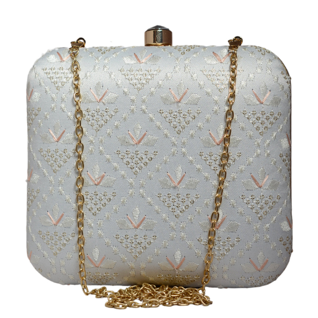 White Threadwork Embroidery Party Clutch