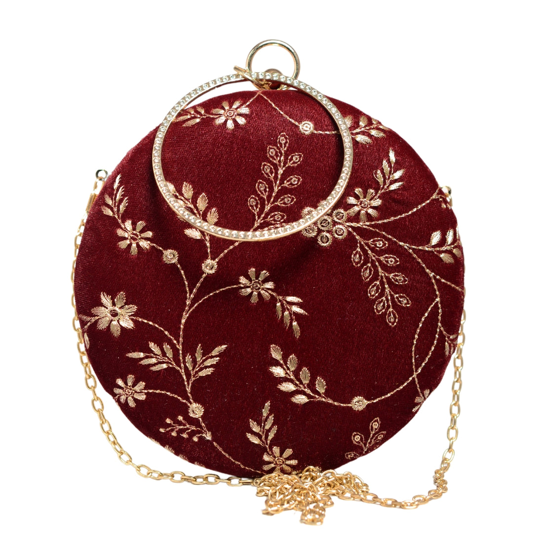 Maroon And Golden Embroidery Round Clutch