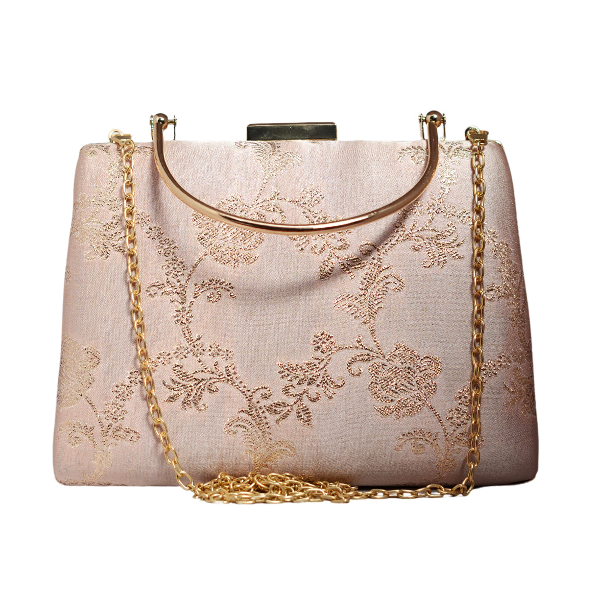 Pink And Golden Floral Brocade Fabric Clutch