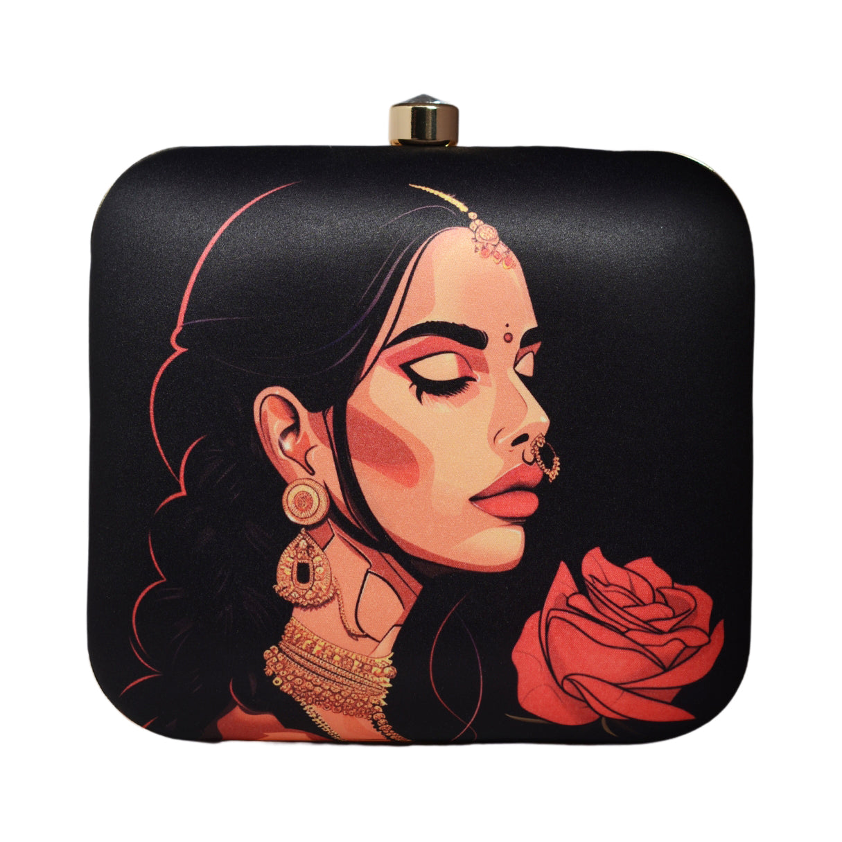 Black Lady With Rose Printed Clutch