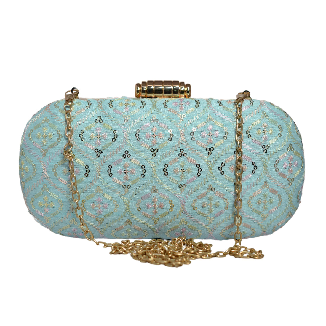 Blue Thread And Sequins Embroidery Clutch