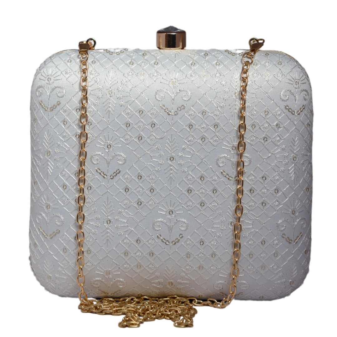 White Checks Pattern Embroidery Clutch